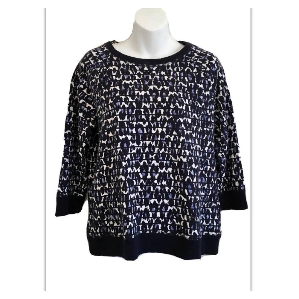 JONES‎ NEW YORK Sport Knit Top Womens Large ~ NAVY/WHITE Striped/Animal Print